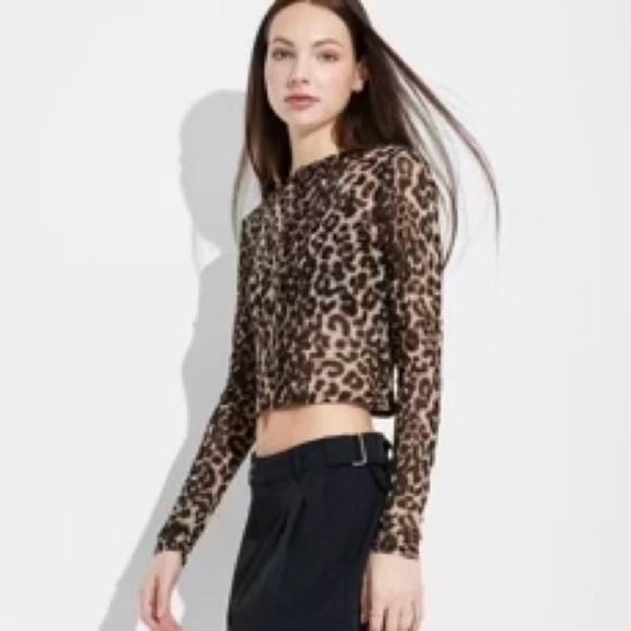Wild Fable Animal Print Mesh Top with Buttons and Long Sleeves - Picture 1 of 5